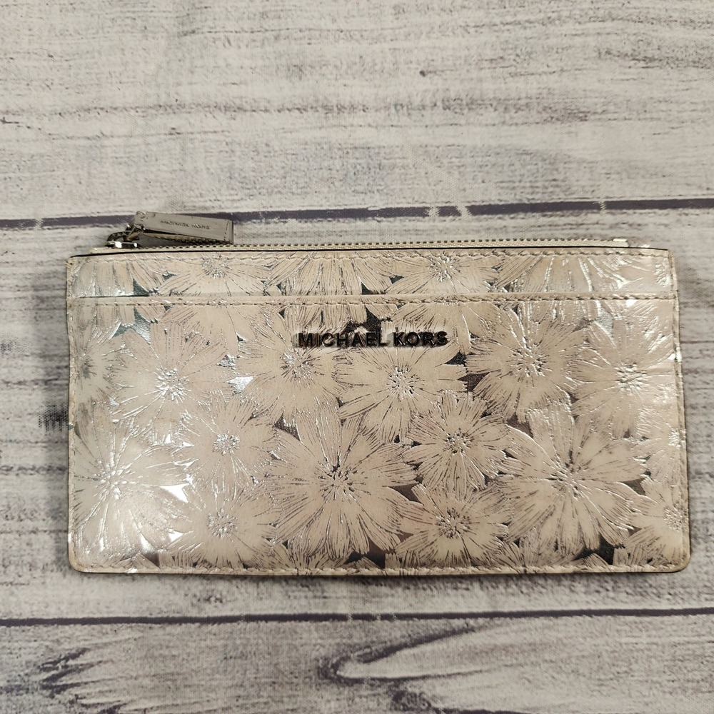 Michael Kors Slim Card Case Wallet Gold Floral Cream Leather Zip Key Ring